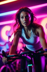 Fototapeta na wymiar Portrait of sexy woman running on gym bicycle working out at gym, and doing fitness exercises. healthy concept with LED lights