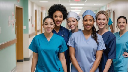 A group of nurses standing inside a hospital hallway