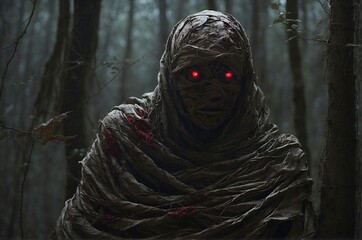 Scary mummy with red glowing eyes in dark woods, ai generated