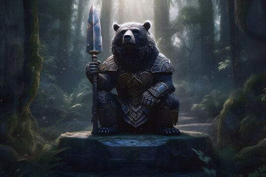  A black bear in heavy armor with a sledgehammer in his hand, Generative AI