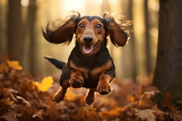 Black brown dachshund dog running in autumn park or forest