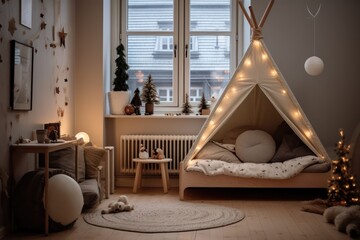 cozy Christmas decorations in minimal Scandinavian kids room interior. Teepee playtent decor in neutral beige color at night.