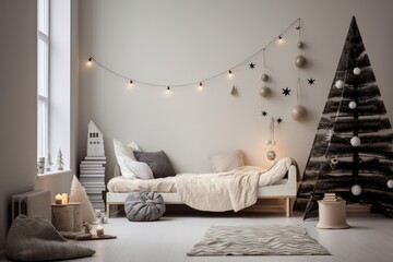 Christmas decorations in minimal Scandinavian kids room interior in neutral beige color palette