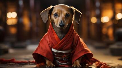 Obraz premium Dachshund in a red kimono