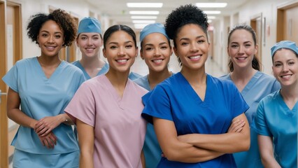 A group of nurses standing inside a hospital hallway