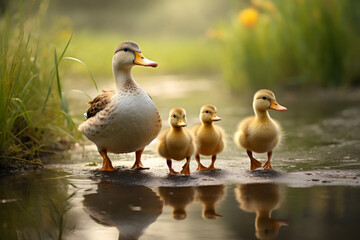 Obraz premium Quacking Clan: Ducks on a Pond Journey