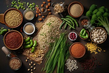 Assorted plant-based ingredients: seeds, nuts, peas, beans, rice, spelt, oatmeal, lentils, pearl barley. Generative AI