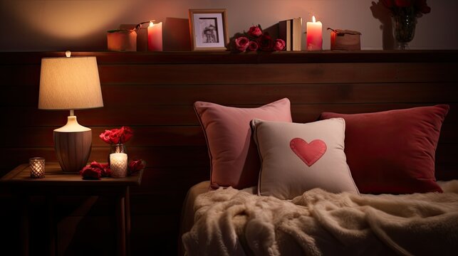 Happy Valentine's Day. A scene of romance featuring a cozy Valentine's setting with plush pillows and photo frames, balloons. Interior design. 