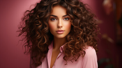 young woman with curly hair on pink background