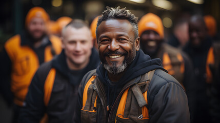 Portrait of smiling african american worker standing in construction site. Portrait of smiling factory worker in front of group of diverse workers. - obrazy, fototapety, plakaty