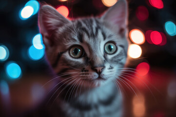 a kitten with blue eyes sitting on some christmas decorations