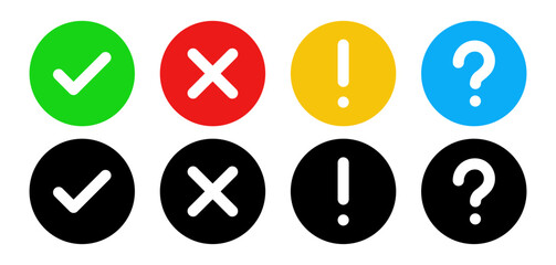 Check mark icon button set. Question mark, information icons. Check box icon with green tick and red cross buttons and yes or no checkmark icons - Faq, support, ask, help signs . Vector illustration