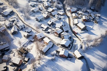 Fototapeta na wymiar An aerial view of a snowy village during the winter. Generative AI