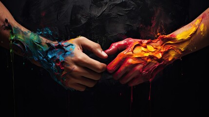 Artistic souls. Couple, hands painted with vibrant colors, touching to form a heart on a stark black background. Happy Valentine's Day. Extravagant valentine design art. 