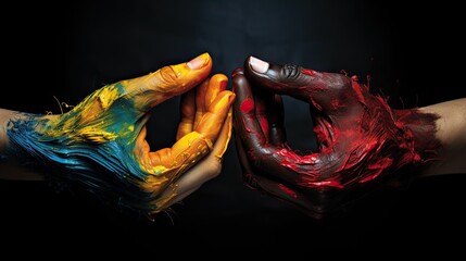 Artistic souls. Couple, hands painted with vibrant colors, touching to form a heart on a stark...