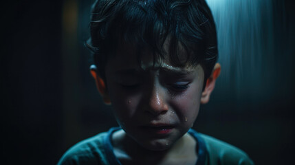 Crying young little boy under the rain, aching from pain, sadness, and child abuse