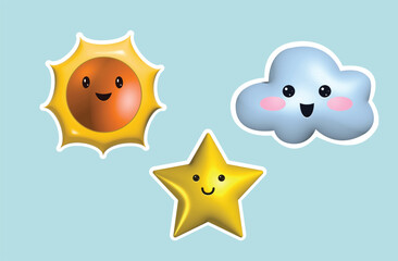Sunny 3D vector illustration on a cheerful blue backdrop for kids. Features a delightful sun, fluffy cloud, and a sparkling star, creating a whimsical and playful scene. 