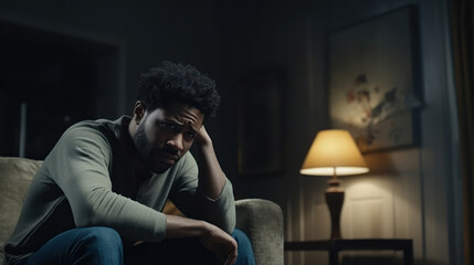 Lonely and sad afro-american man in living room, depressed, and mentally unstable