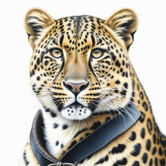 portrait of a leopard with human clothes illustration , colored pencil drawing , isolated white background , 