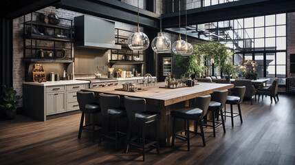 A chic urban loft kitchen with industrial pendant lights and an open-concept design