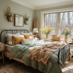 A cozy Cottagecore girly bedroom with vintage decor items in farmhouse
