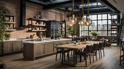 Fototapeta premium A chic urban loft kitchen with industrial pendant lights and an open-concept design