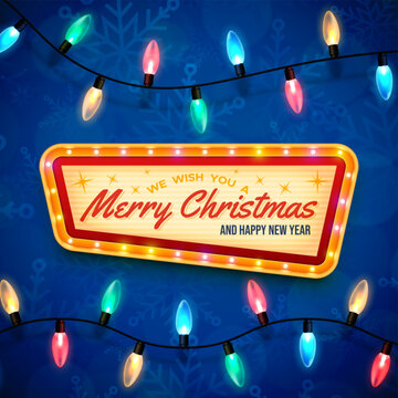 Christmas square banner with retro style signboard and lights garland over blue background with winter themed texture. Xmas composition for festive social media posting. Vector illustration