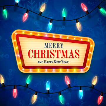 Christmas square banner with retro style signboard and lights garland over blue background with winter themed texture. Xmas composition for festive social media posting. Vector illustration
