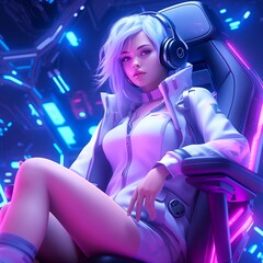 Esports girl sitting on a chair with neon lights in the background
