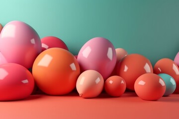 Bright balloons on oval backdrop, 3D rendering. Generative AI