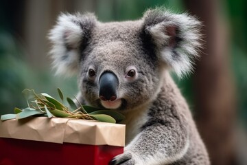 Cute koala with a present. Generative AI