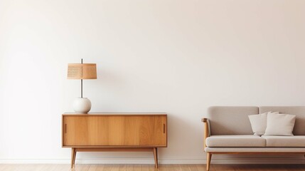 Desk lamp on a small table and a simple, wooden cabinet in an empty living room interior with white wall and place for a sofa. Real photo. . generative ai 
