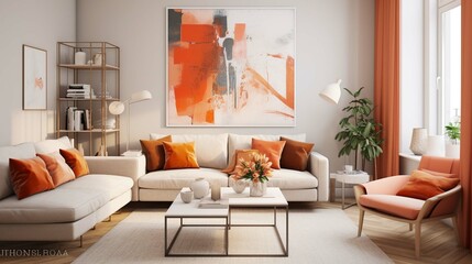 Fototapeta premium Modern Scandinavian apartment with living room in orange and beige colors, represented in a and illustration. generative ai 
