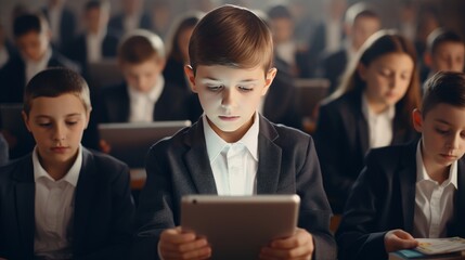 Concentrated hard-working schoolboy sitting in classroom using tablet device. Concept of modern educational technologies. Education concept