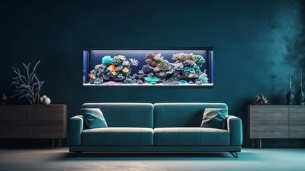 Papier Peint photo Lavable Récifs coralliens Minimal living room with interior sofa and under the sea fish tank or aquarium decoration, underwater with coral reef and fishes design concepts, Home decoration mock up. generative ai 