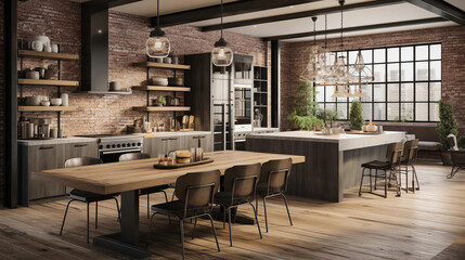 Fototapeta premium A chic urban loft kitchen with industrial pendant lights and an open-concept design