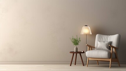 Stylish room interior with comfortable armchair near light wall, space for text. generative ai 
