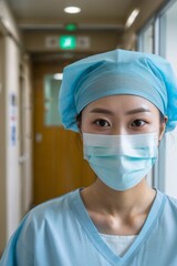 a nurse standing inside a hospital hallway