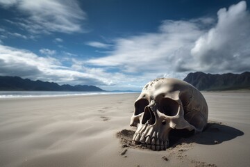 Obraz premium An eerie skull rests on a sandy beach while a blue sky, a distant hill, and scattered clouds set a captivating backdrop. Generative AI