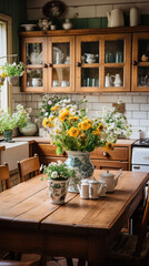 A cozy Cottagecore wooden kitchen with vintage decor items in farmhouse.