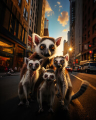 simpatico selfie di gruppo di lemuri su sfondo di città al tramonto - obrazy, fototapety, plakaty