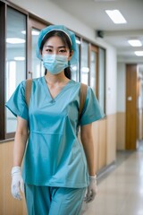 a nurse standing inside a hospital hallway