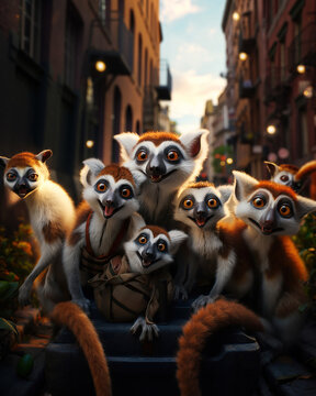 simpatico selfie di gruppo di lemuri su sfondo di citt&agrave; al tramonto