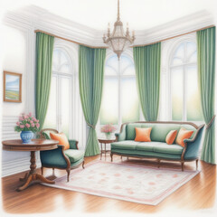 room with a window illustration , colored pencil drawing , isolated white background , 