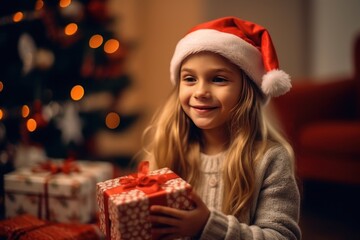 Fototapeta na wymiar Happy girl opening Christmas gift under Xmas tree at home. Xmas holiday. Close up.