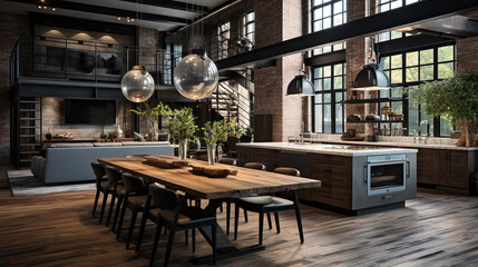 Fototapeta na wymiar A chic urban loft kitchen with industrial pendant lights and an open-concept design