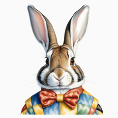 easter bunny with human clothes illustration , colored pencil drawing , isolated white background , 