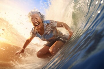 Asian Female Elderly Wave Rider Offshore Backdrop Generative AI