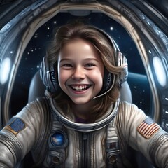 The girl is an astronaut. Brunette girl spaceship pilot