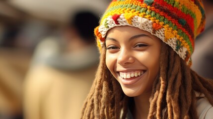 Smiling young Jamaican woman wearing a rasta hat.